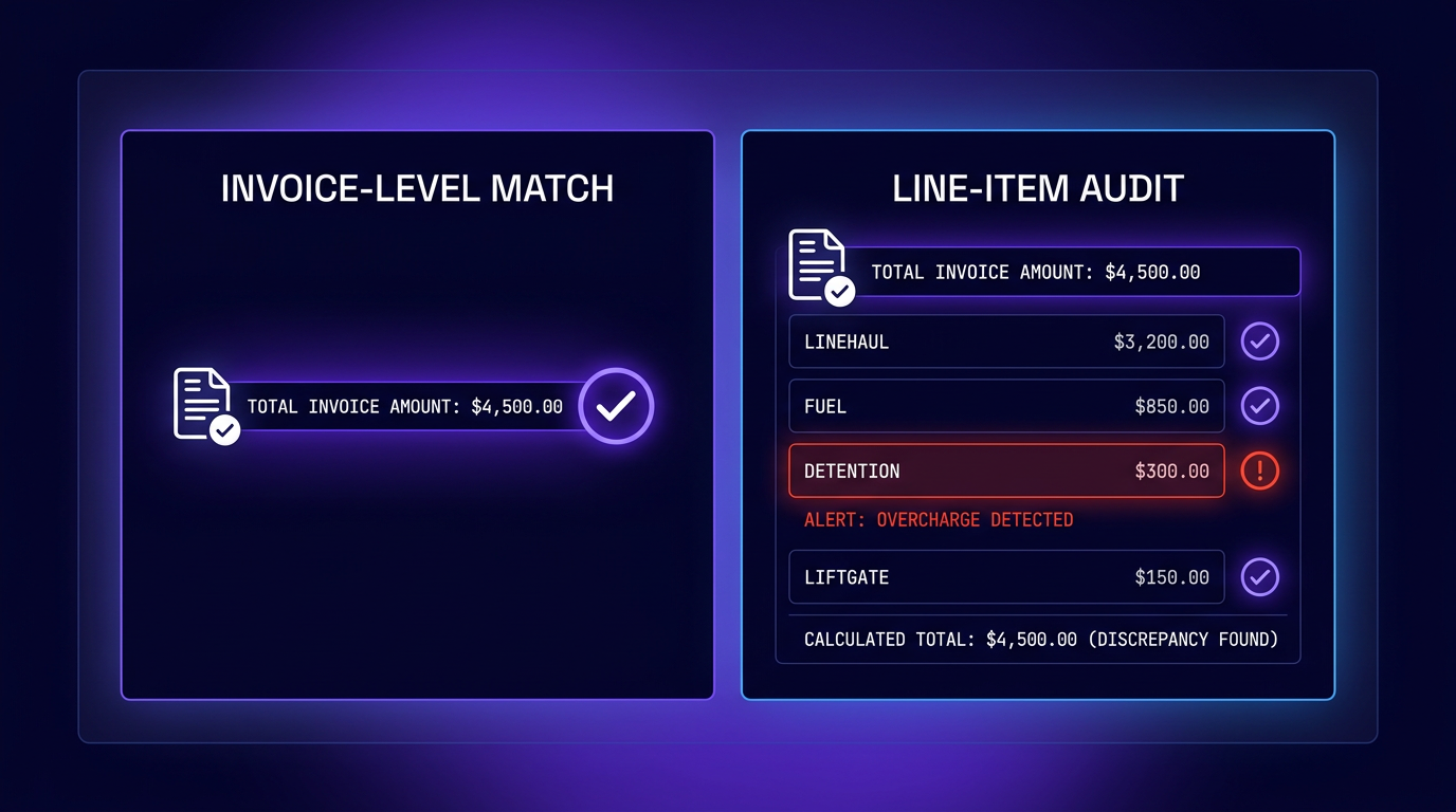 Schematic comparing invoice-level matching to line-item audit