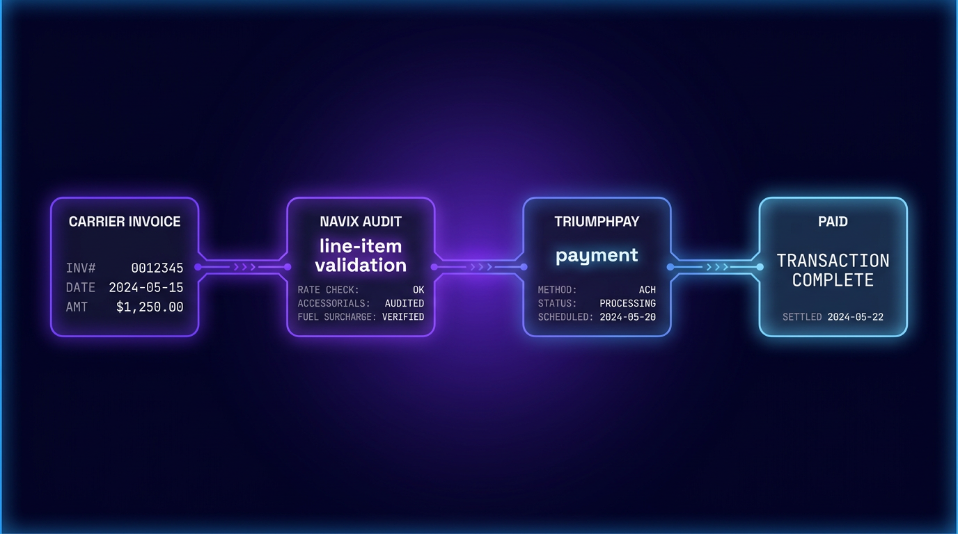 Flow: carrier invoice through Navix audit then TriumphPay payment