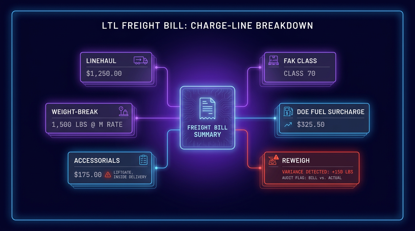 Exploded view of an LTL freight bill charge lines