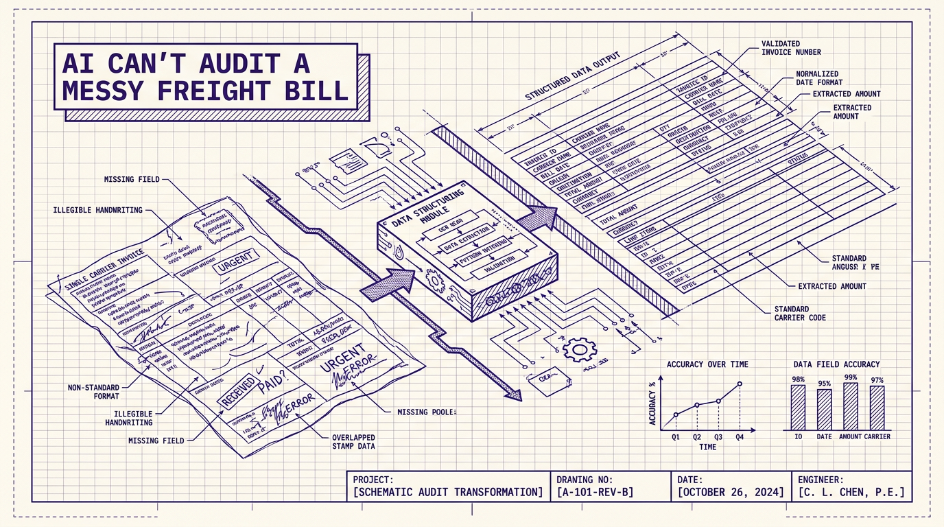 Navix illustrated blog header: Ai can't audit a messy freight bill