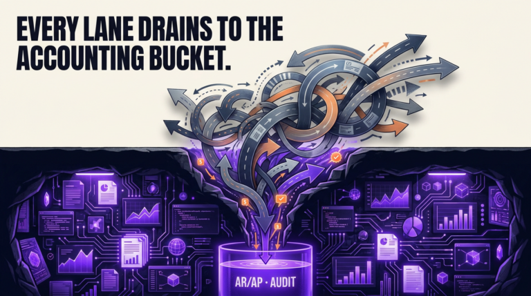 Navix illustrated blog header: Every lane drains to the accounting bucket.