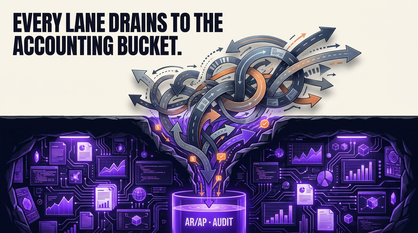 Navix illustrated blog header: Every lane drains to the accounting bucket.
