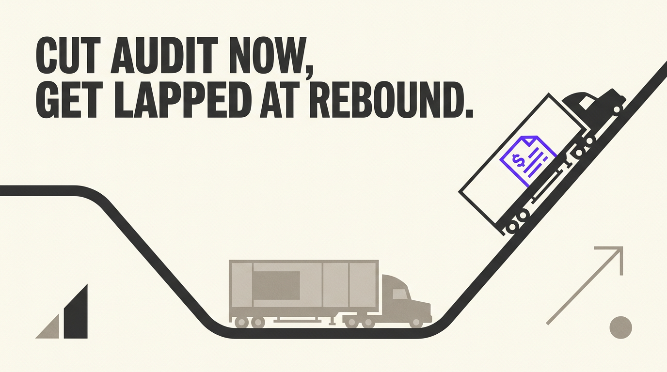 Navix illustrated blog header: Cut audit now, get lapped at rebound.