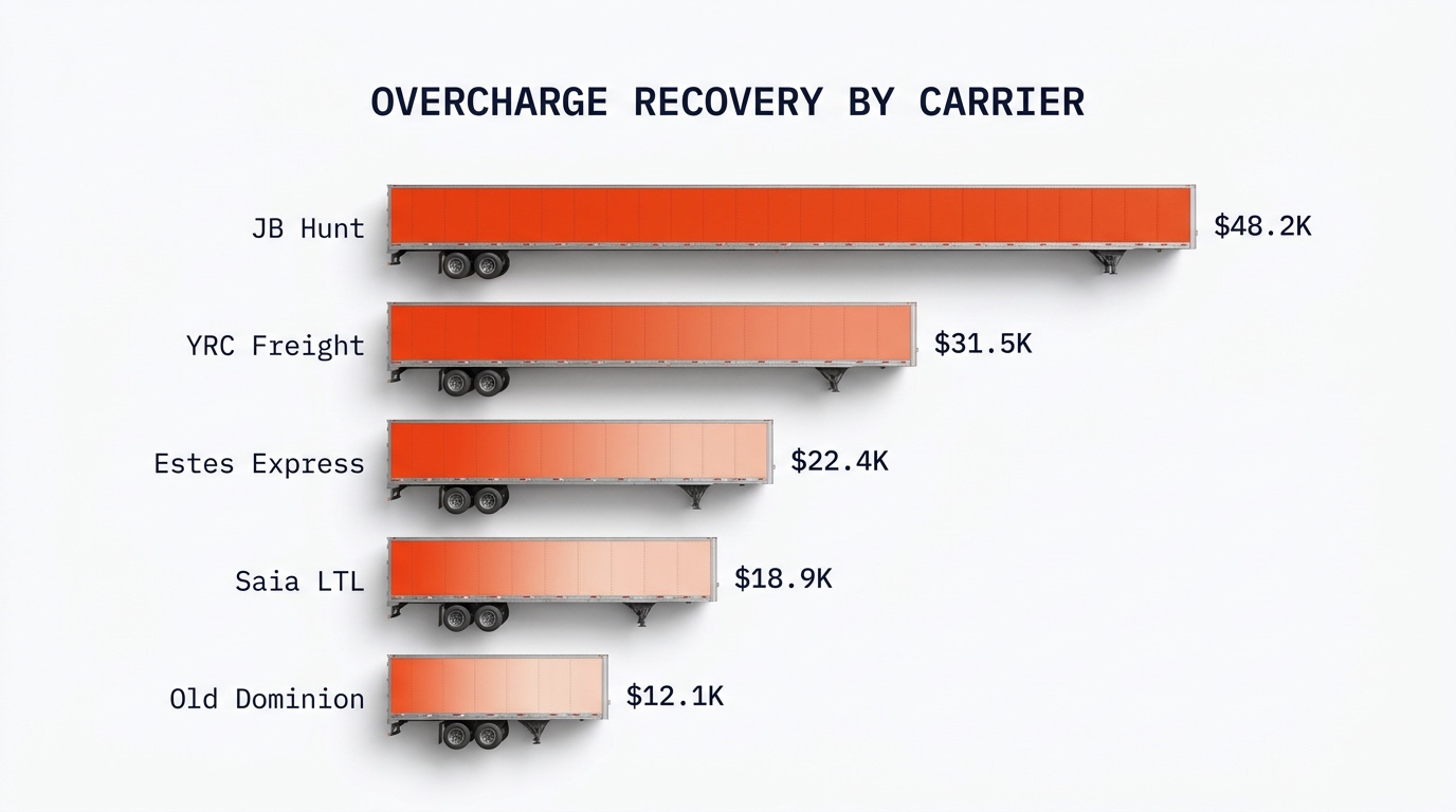 Overcharge recovery by carrier: JB Hunt $48.2K, YRC Freight $31.5K, Estes Express $22.4K, Saia LTL $18.9K, Old Dominion $12.1K