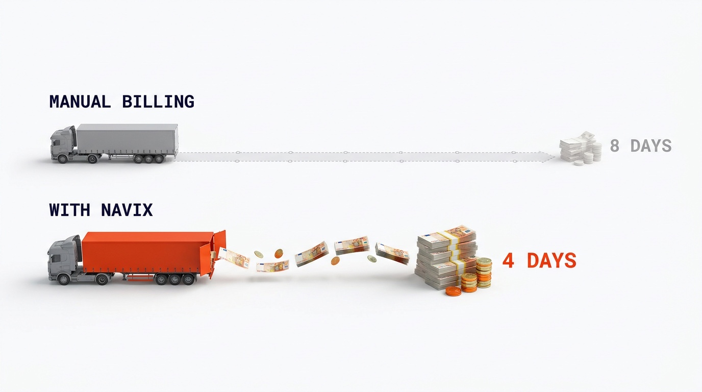Time to cash — manual billing pays out in 8 days; with Navix the money arrives in 4