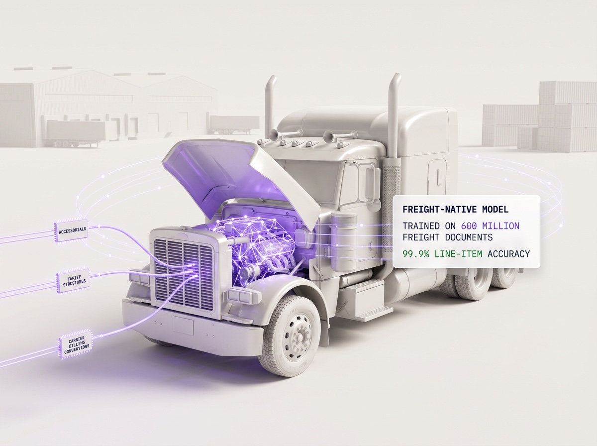 A freight-native AI model as the engine of a classic American semi — fed by accessorials, tariff structures, and carrier billing conventions; trained on 600M freight documents, 99.9% line-item accuracy