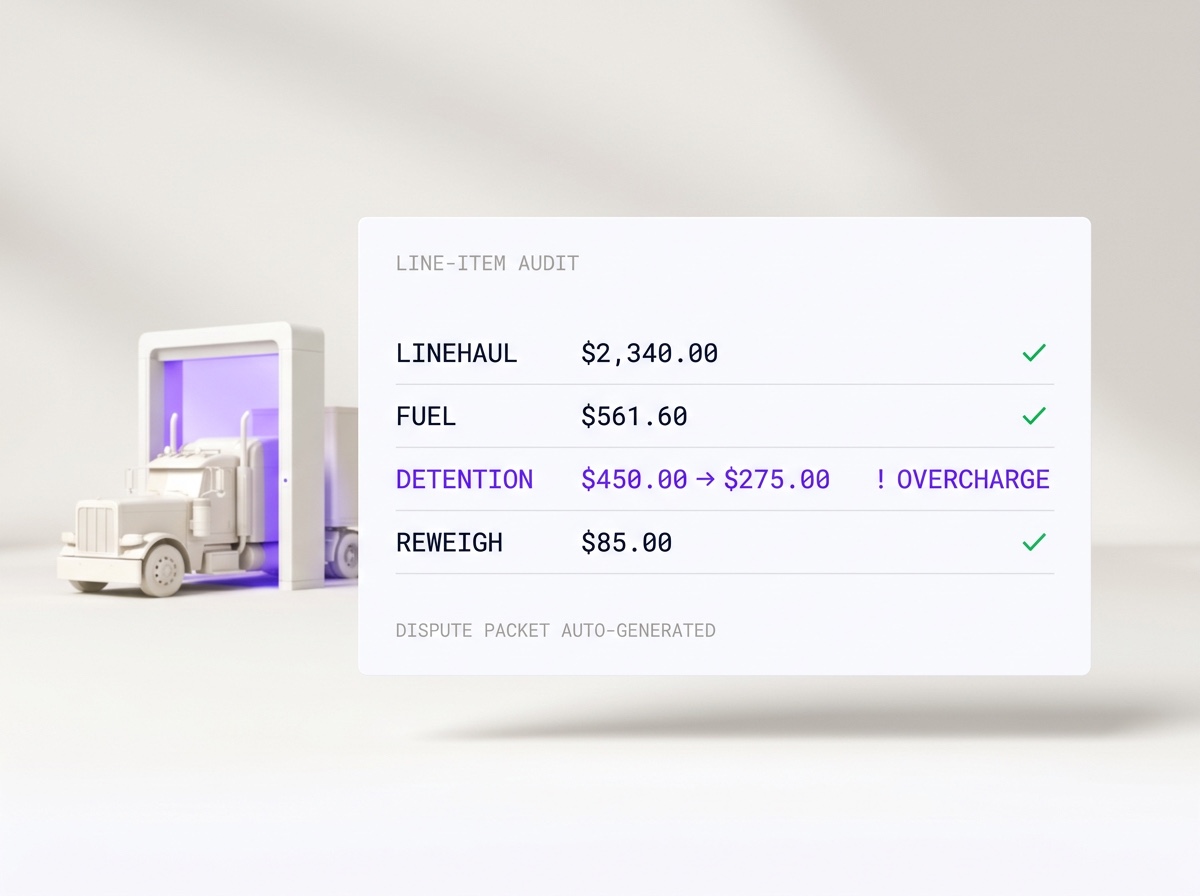 Line-item audit — Linehaul and Fuel verified, Detention flagged as a $450 to $275 contracted-rate overcharge, Reweigh verified, dispute packet auto-generated