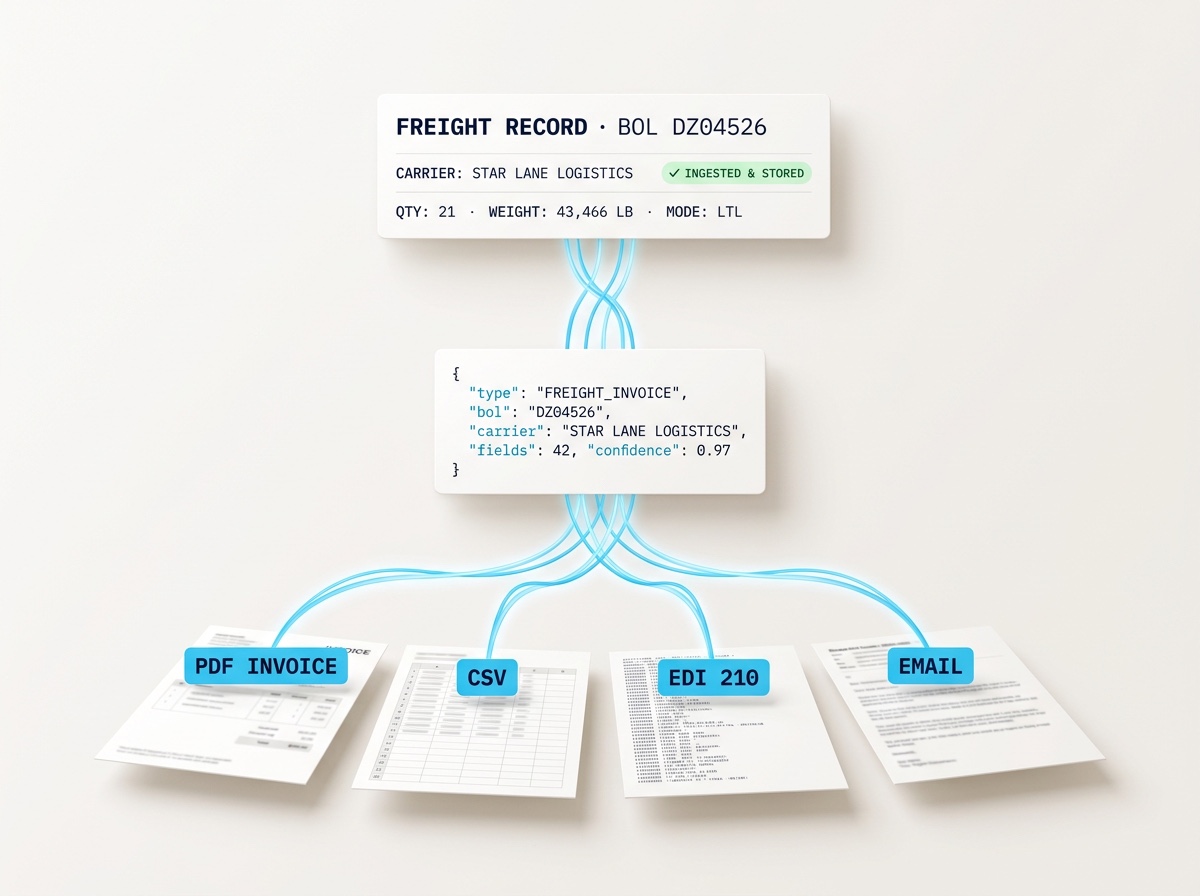 Document pipeline — PDF invoice, CSV, EDI 210, and email extracted into JSON and stored as a structured freight record: BOL DZ04526, Star Lane Logistics, ingested and stored