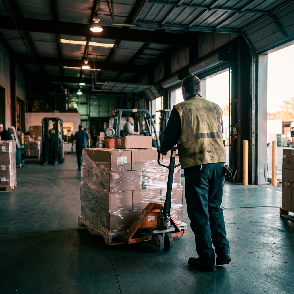 Warehouse operator moving palletized freight