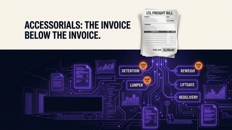 Navix illustration for the accessorial charges guide article. Headline: ACCESSORIALS: THE INVOICE BELOW THE INVOICE.