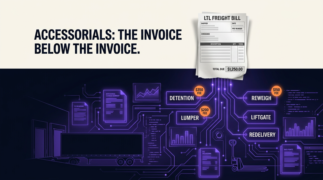 Navix illustration for the accessorial charges guide article. Headline: ACCESSORIALS: THE INVOICE BELOW THE INVOICE.