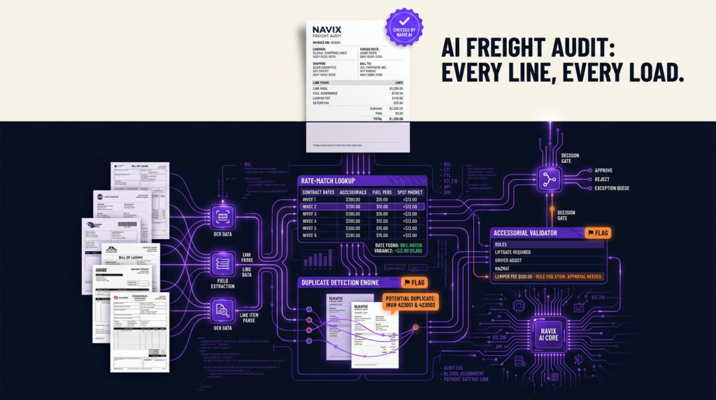Navix illustration for the ai freight audit article. Headline: AI FREIGHT AUDIT: EVERY LINE, EVERY LOAD.