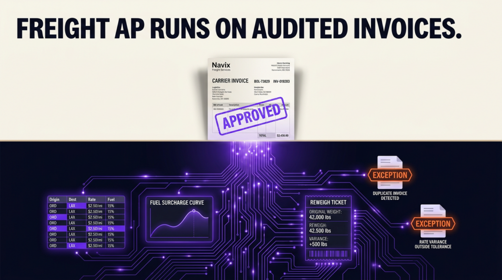 Navix illustration for the ap automation for logistics article. Headline: FREIGHT AP RUNS ON AUDITED INVOICES.