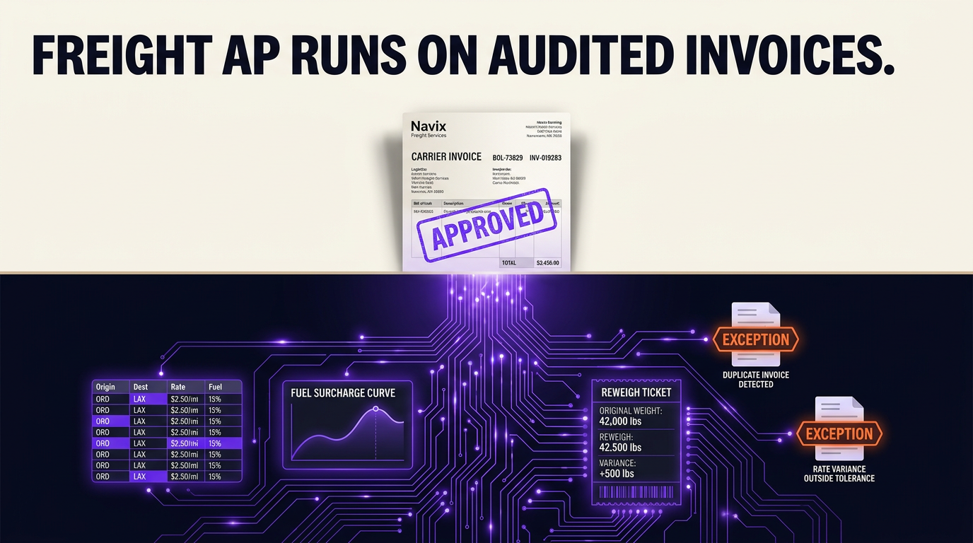 Navix illustration for the ap automation for logistics article. Headline: FREIGHT AP RUNS ON AUDITED INVOICES.
