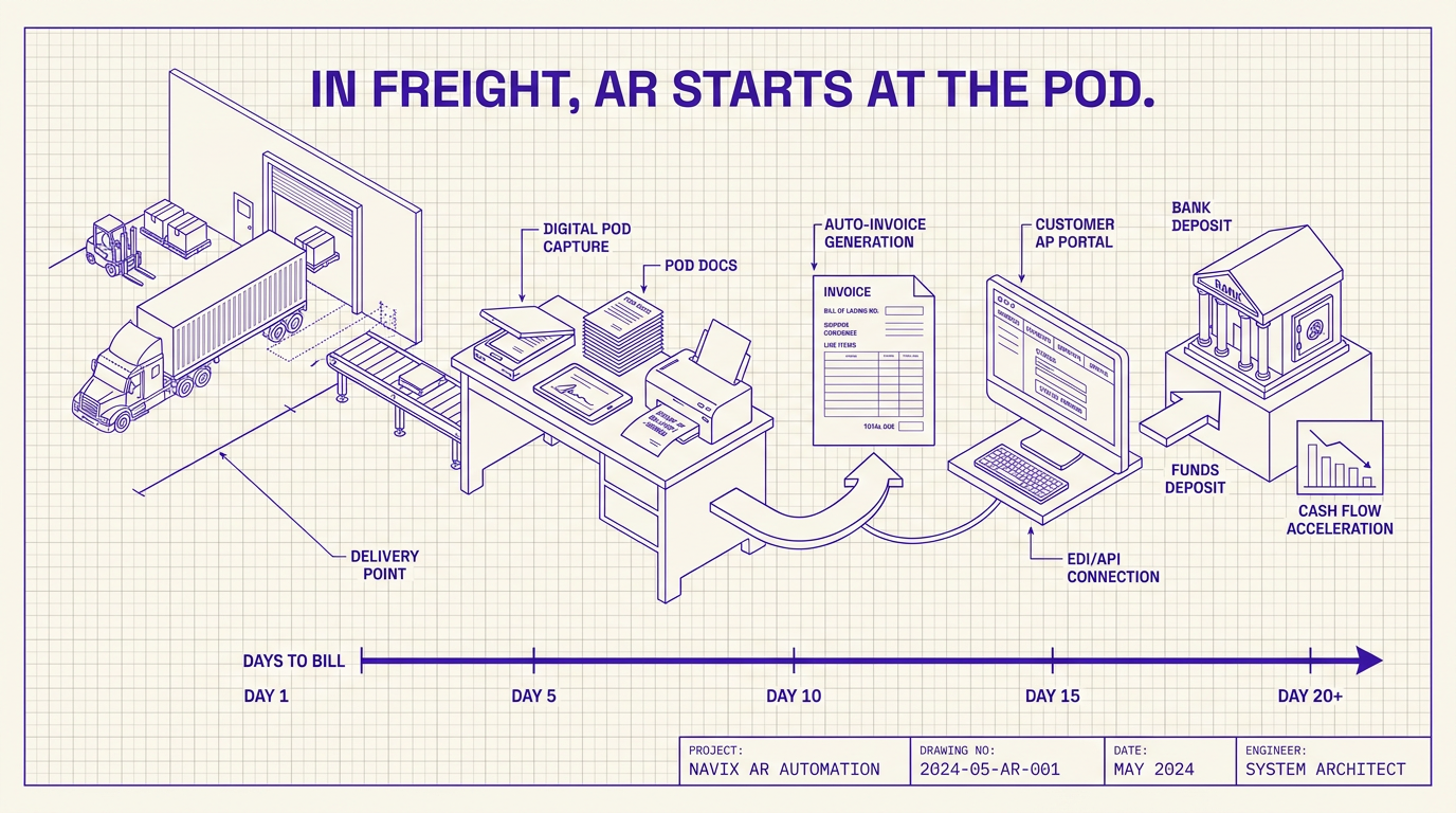 Navix illustration for the ar automation for transportation article. Headline: IN FREIGHT, AR STARTS AT THE POD.