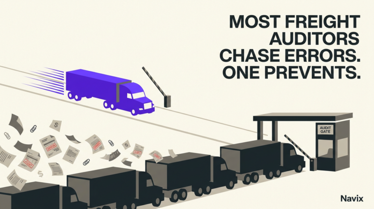 Navix illustration for the freight audit companies article. Headline: MOST FREIGHT AUDITORS CHASE ERRORS. ONE PREVENTS.