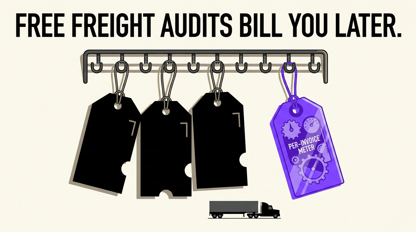 Navix illustration for the freight audit cost article. Headline: FREE FREIGHT AUDITS BILL YOU LATER.