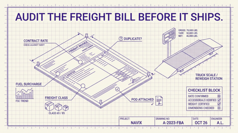 Navix illustration for the how to audit a freight invoice article. Headline: AUDIT THE FREIGHT BILL BEFORE IT SHIPS.