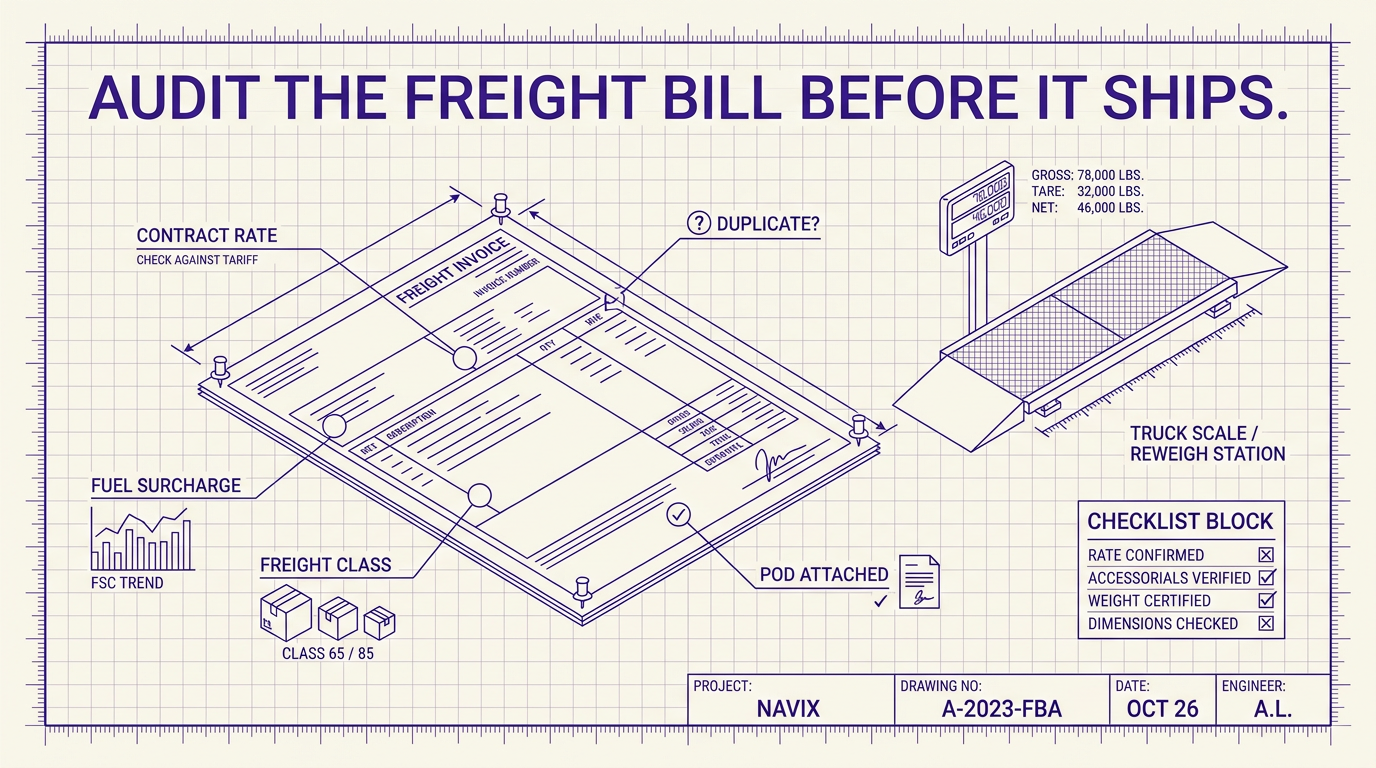 Navix illustration for the how to audit a freight invoice article. Headline: AUDIT THE FREIGHT BILL BEFORE IT SHIPS.