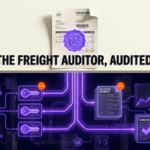 Cross-section illustration: a freight invoice stamped with a violet SOC 2 seal above ground, wired to glowing tested audit controls below. Headline: The Freight Auditor, Audited.