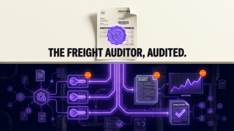Cross-section illustration: a freight invoice stamped with a violet SOC 2 seal above ground, wired to glowing tested audit controls below. Headline: The Freight Auditor, Audited.