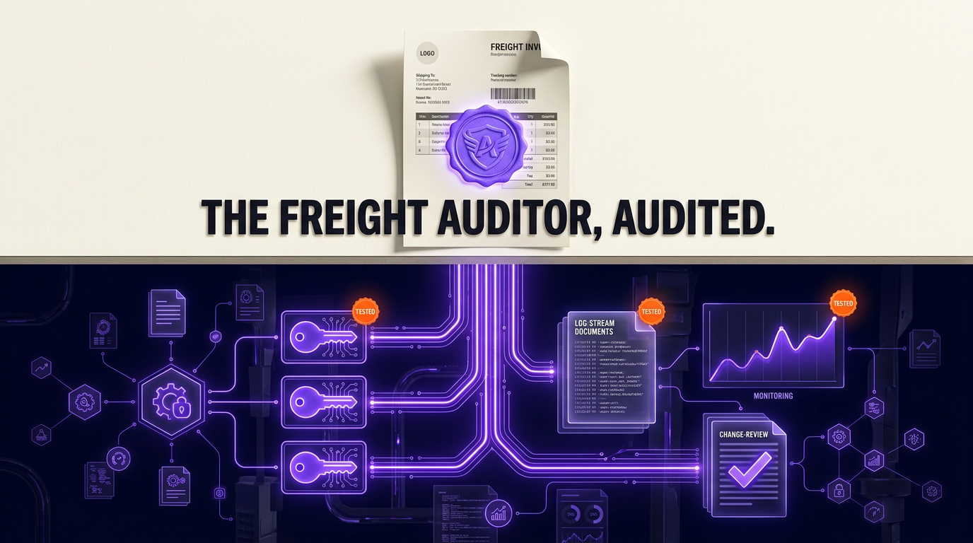 Cross-section illustration: a freight invoice stamped with a violet SOC 2 seal above ground, wired to glowing tested audit controls below. Headline: The Freight Auditor, Audited.
