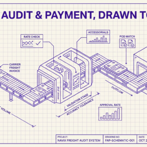 Navix illustration for the what is freight audit and payment article. Headline: FREIGHT AUDIT & PAYMENT, DRAWN TO SCALE.