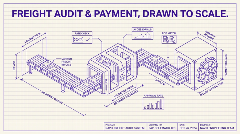 Navix illustration for the what is freight audit and payment article. Headline: FREIGHT AUDIT & PAYMENT, DRAWN TO SCALE.