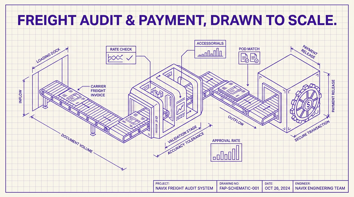 Navix illustration for the what is freight audit and payment article. Headline: FREIGHT AUDIT & PAYMENT, DRAWN TO SCALE.